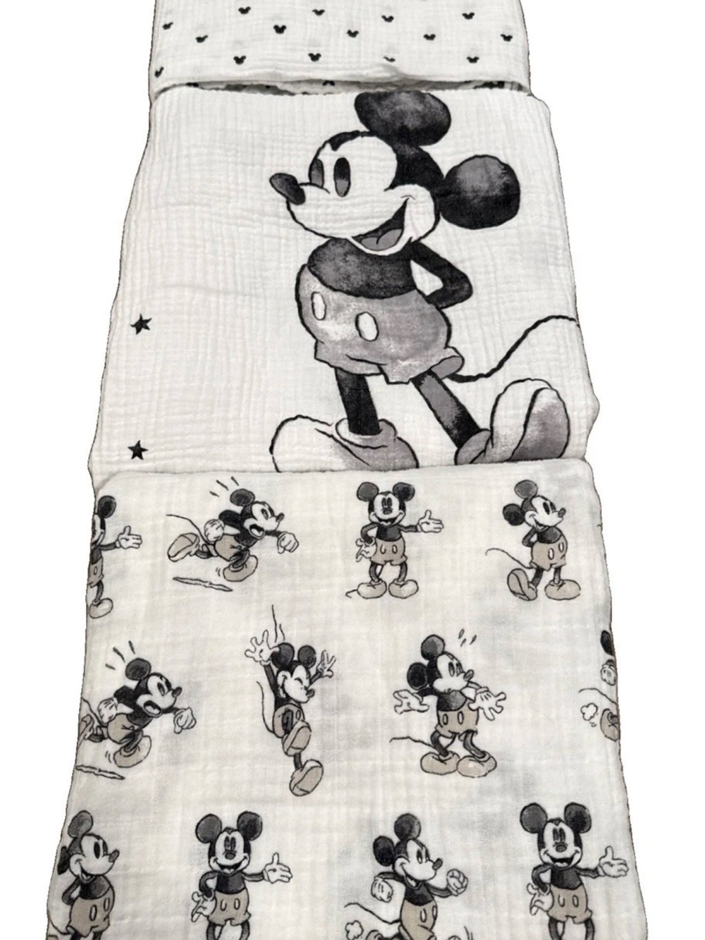 Pottery Barn Kids Disney Mickey Mouse Organic Cotton Muslin Blankets 3pc HTF